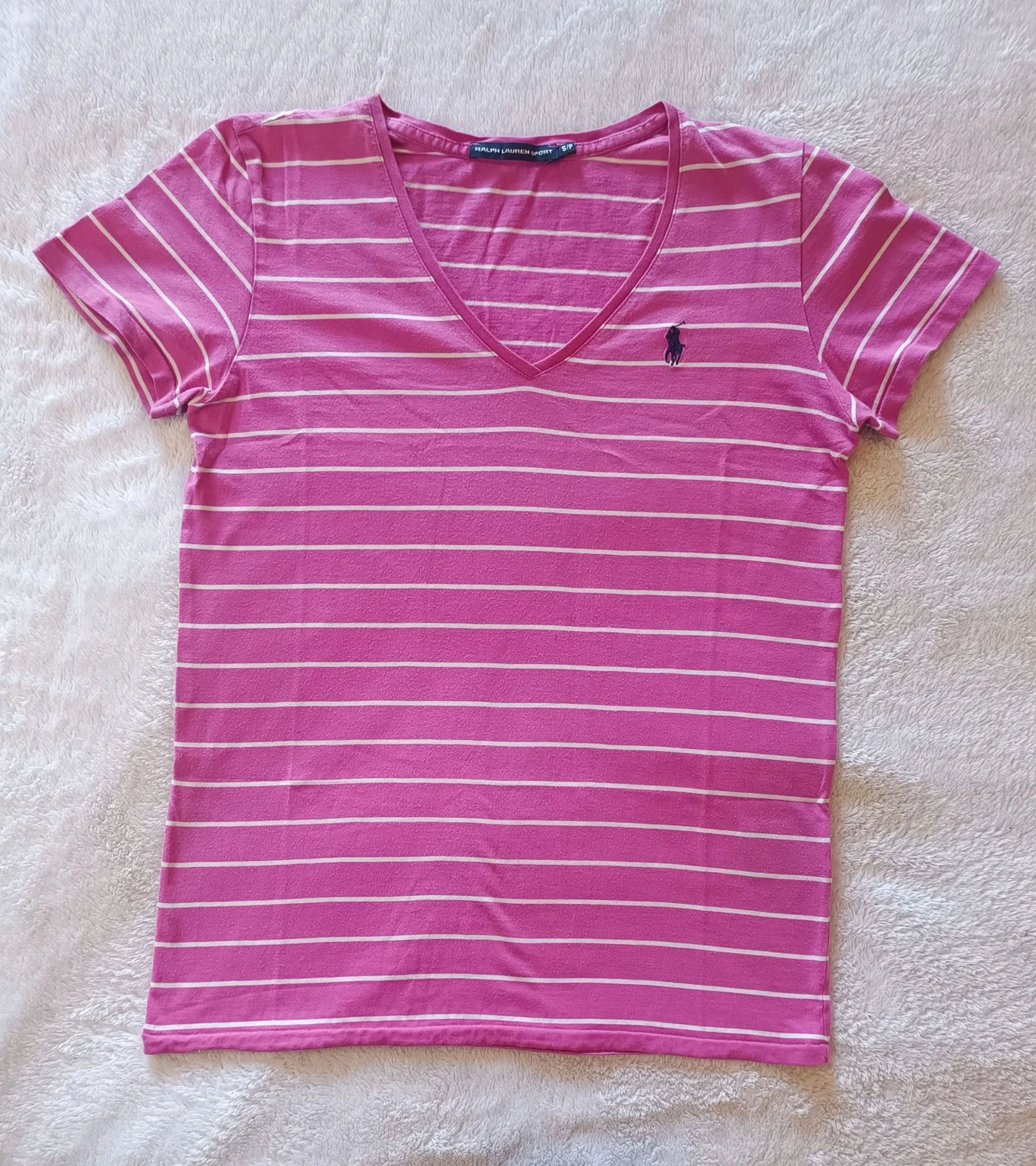 Tee-shirt haut pour femme Ralph Lauren taille S très bon état coloris rayé marinière fushia et blanc